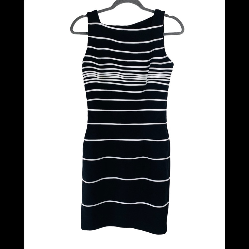 Neiman Marcus Tadashi Black White Striped Sheath Dress Size M